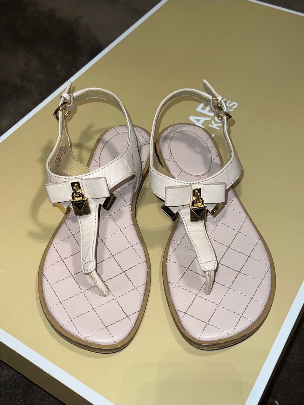 Michael Kors Blush Pink Quilted T-Strap Sandals with Gold Hardware